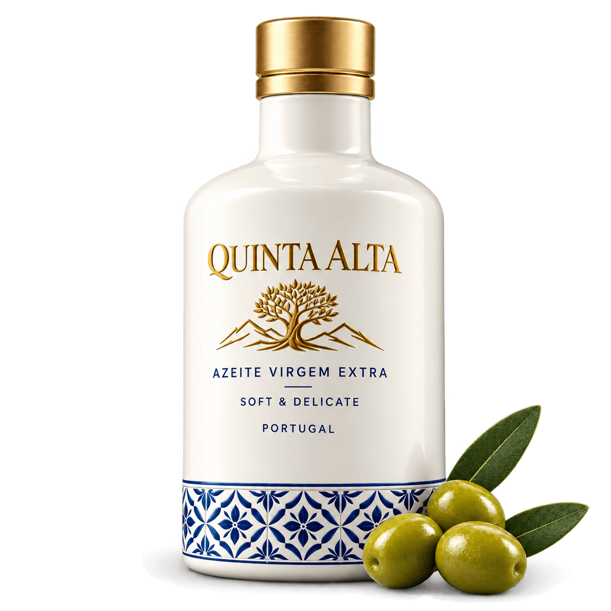 Quinta Alta extra virgin olive oil bottle, white glaze, gold cap and azulejo band